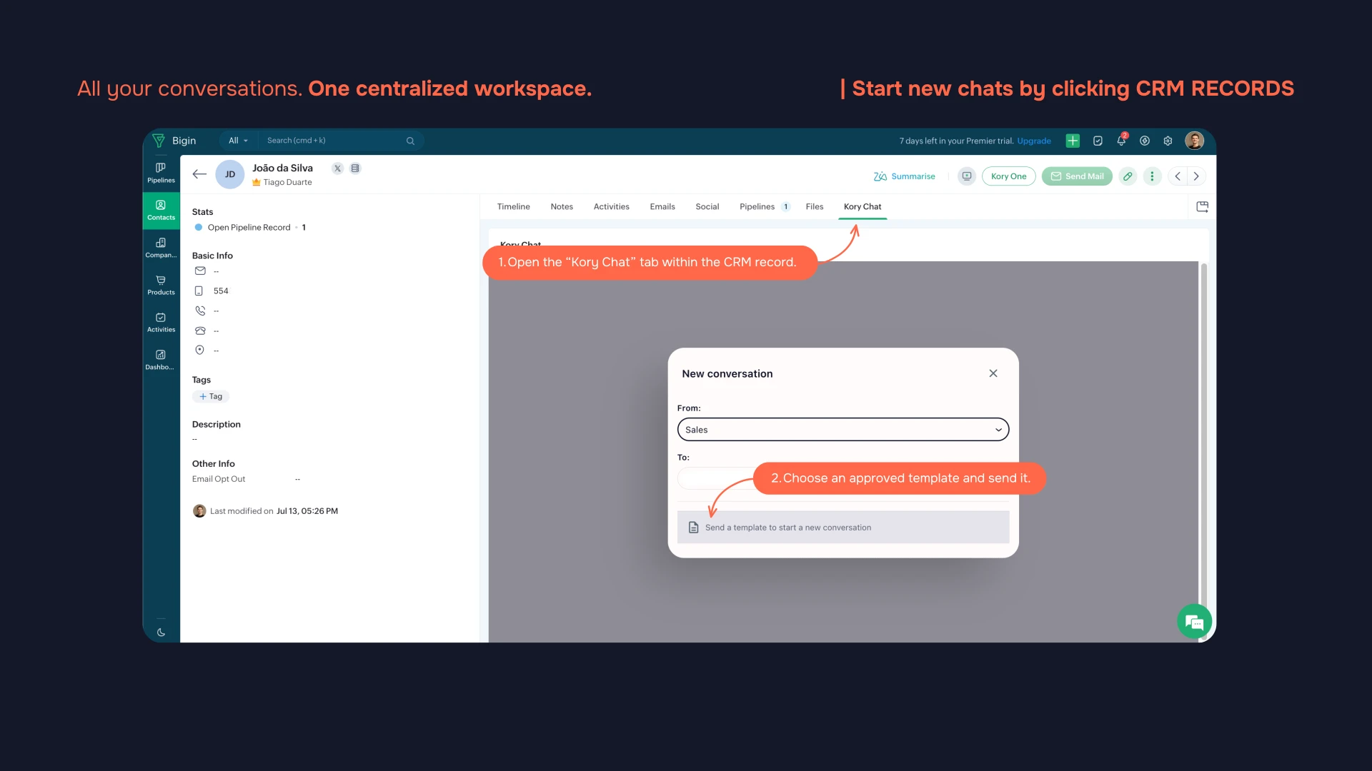 Kory Chat tab inside the contact record in Bigin