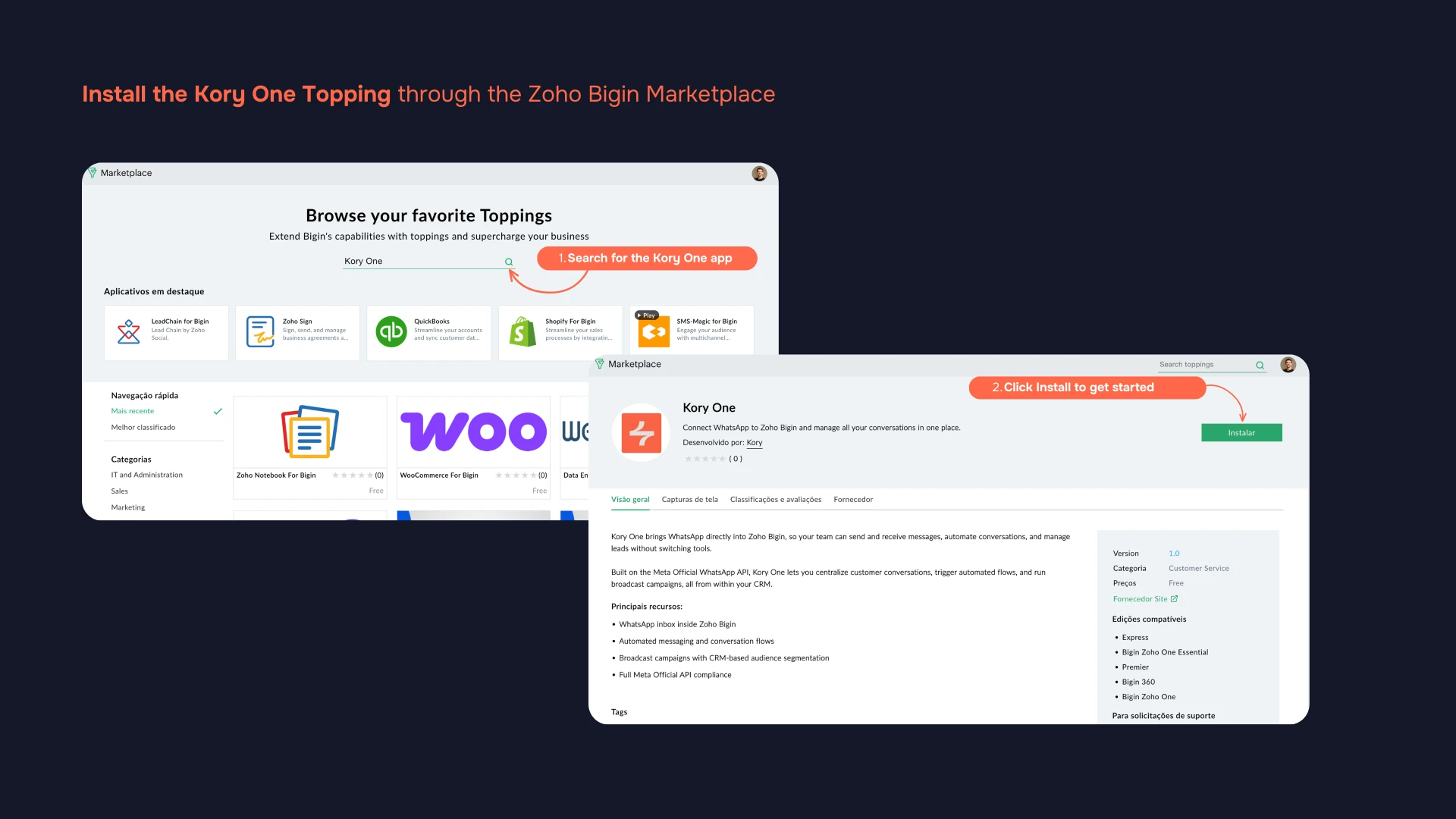 Bigin Marketplace screen with the Kory One app