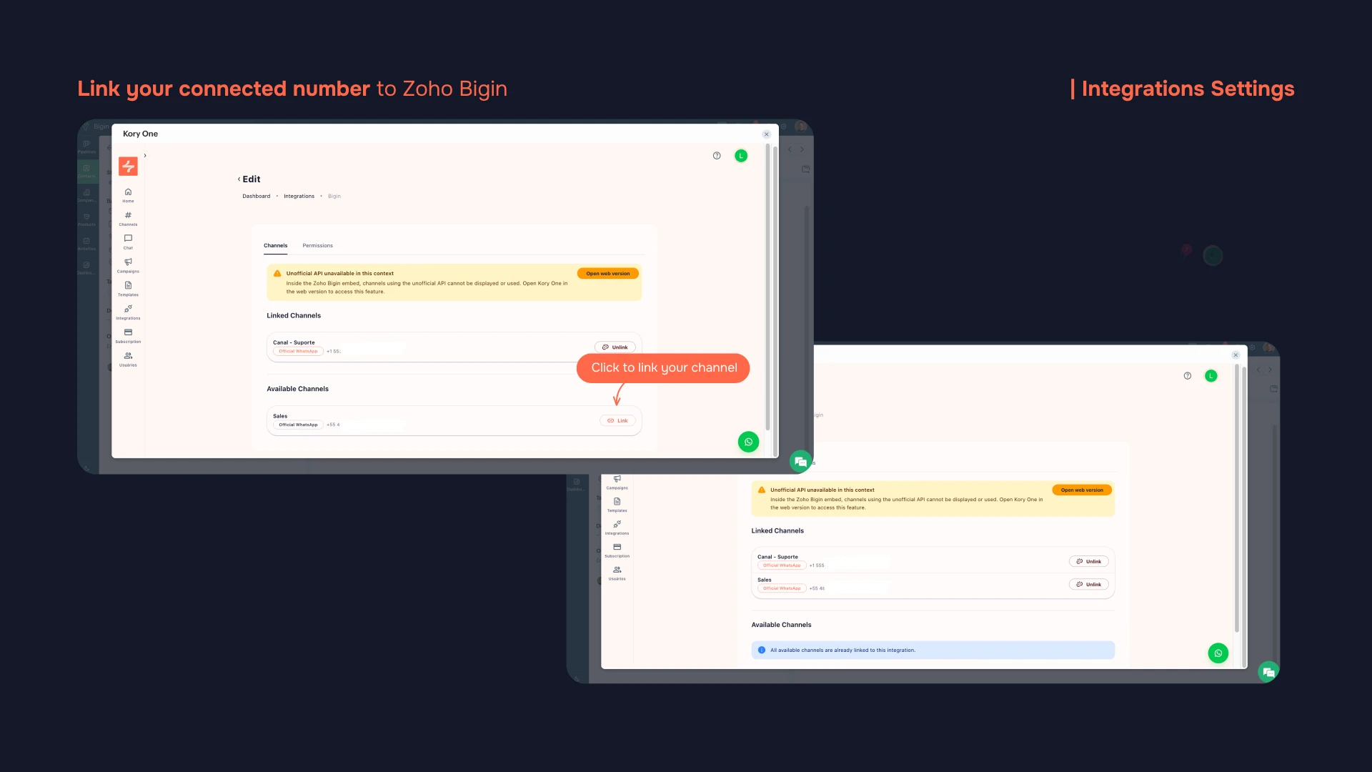 channel linking screen in the Bigin integration