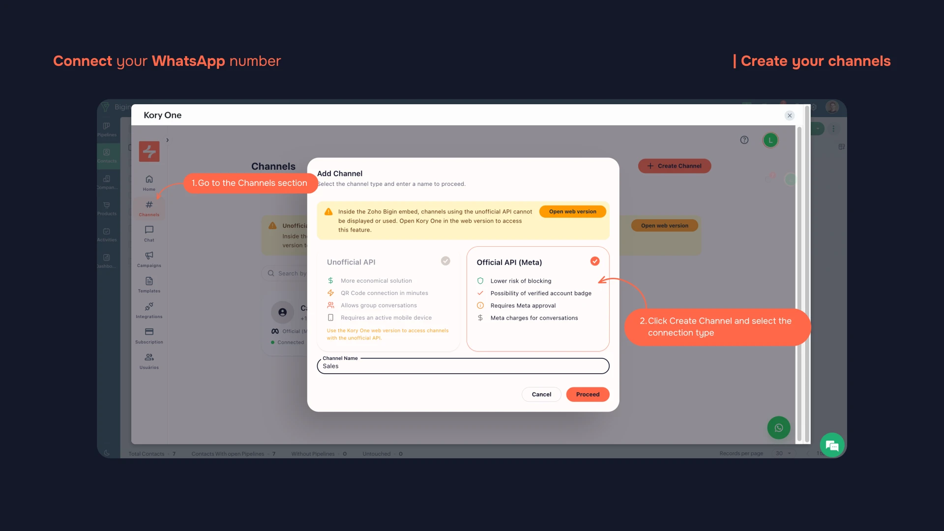 “Add Channel” modal with the two connection types
