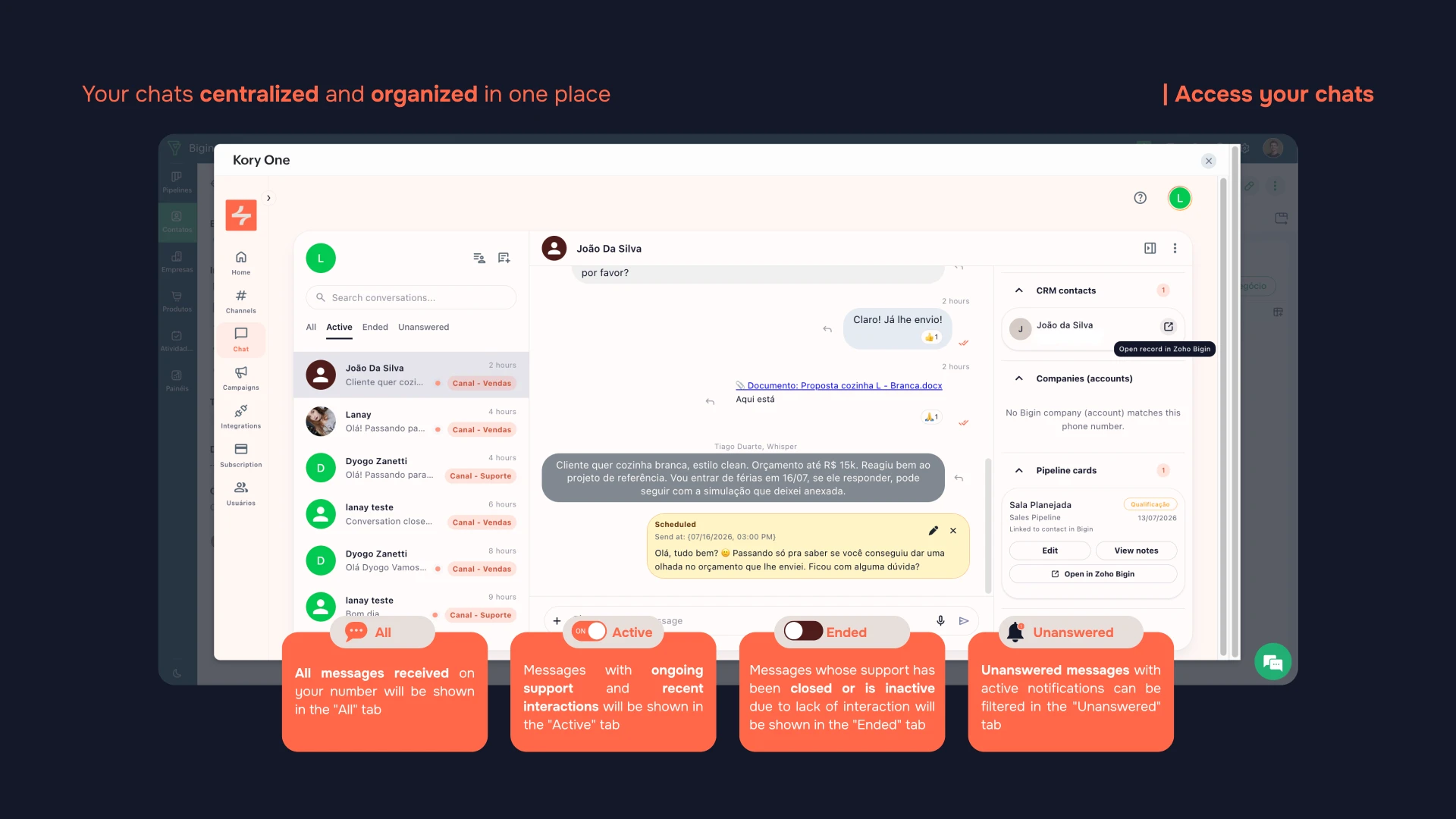 Kory One inbox with the conversation tabs