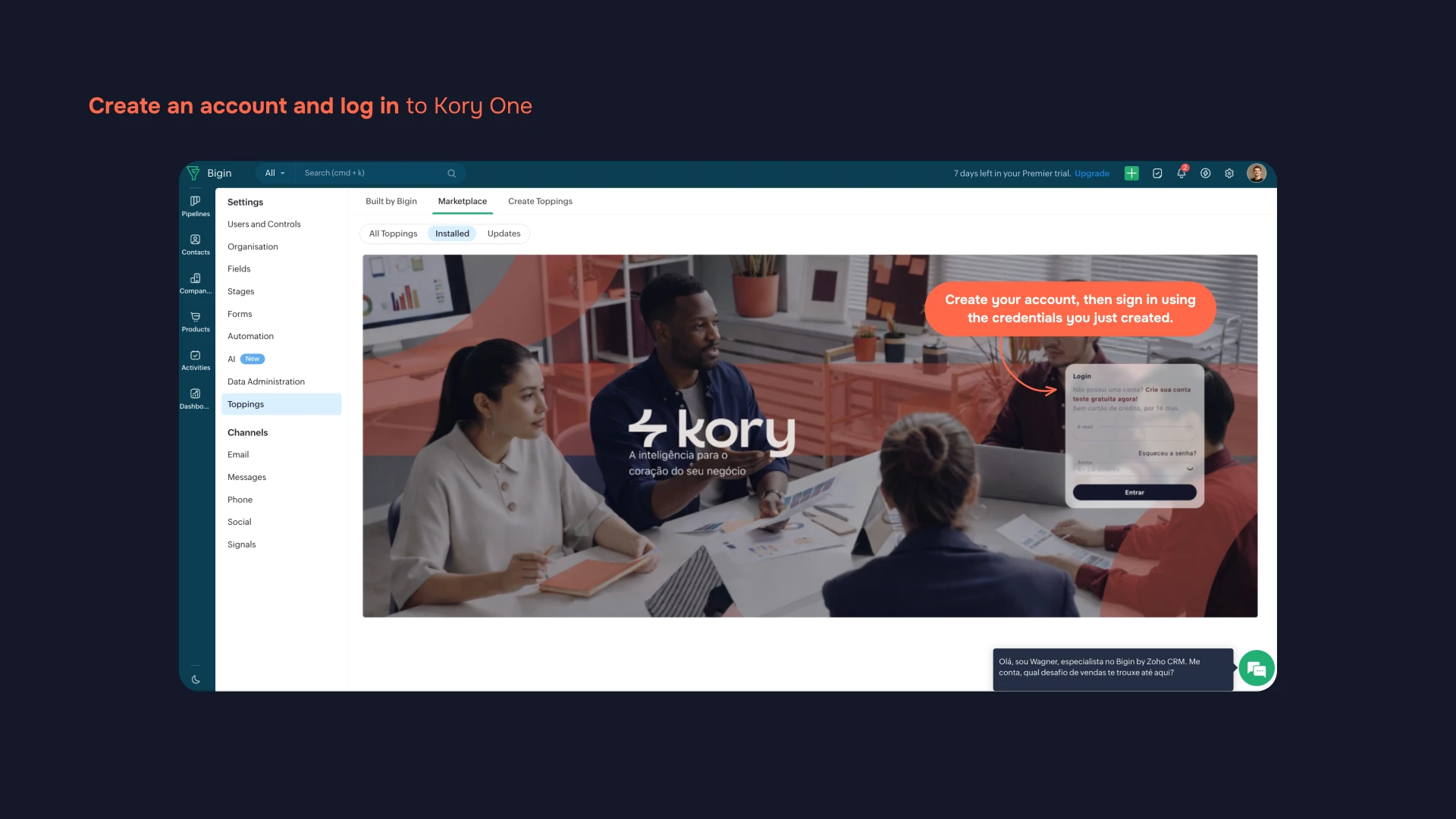 Kory One login screen inside Bigin